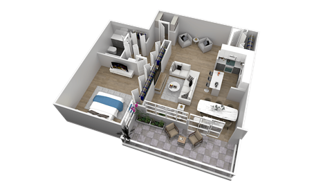 Floor plan for 1 bed, 1 bath, 885 sqft